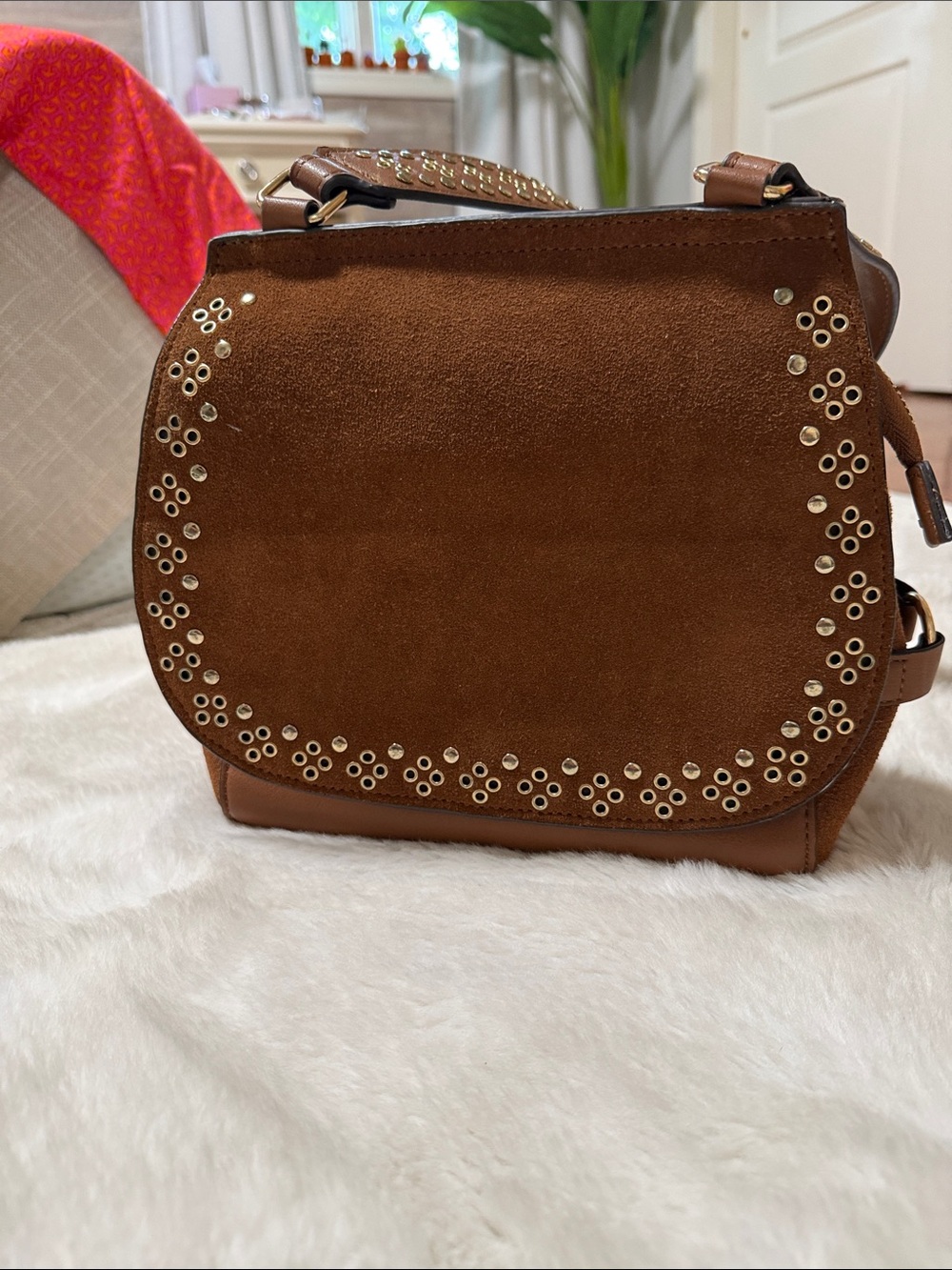 Brown Suede Eyelet Crossbody Bag with Adjustable Strap